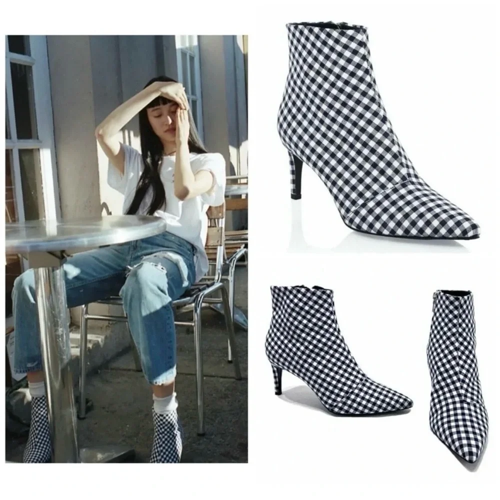 NWOB Rag & Bone Beha Gingham Pointed Toe Ankle Boots Navy White 8.5